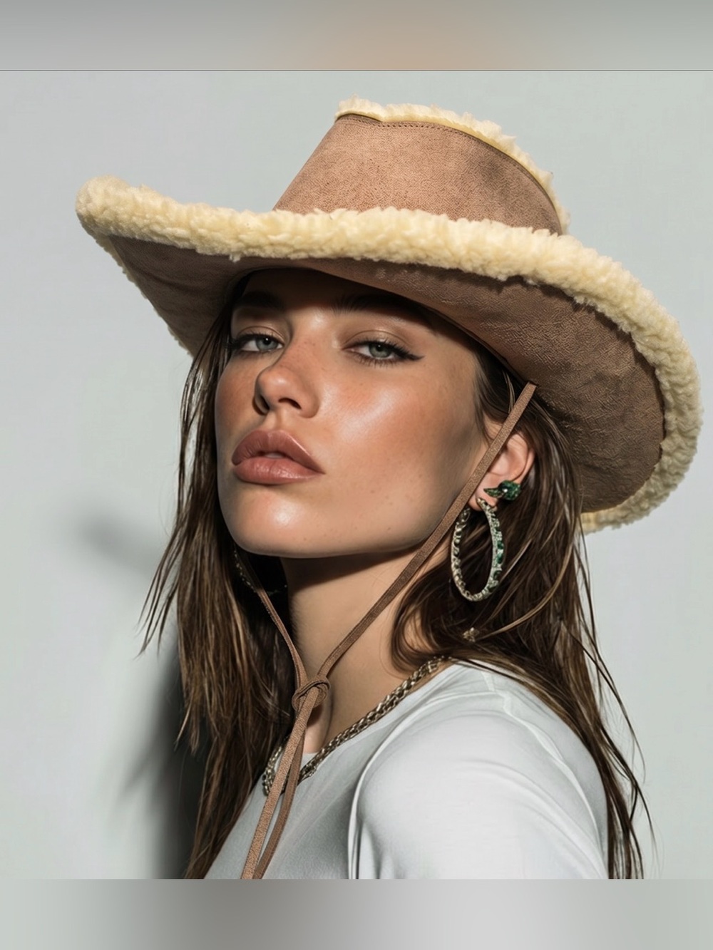 Vintage Women’s Tan faux Suede Cowboy Hat with Cream Shearling Trim